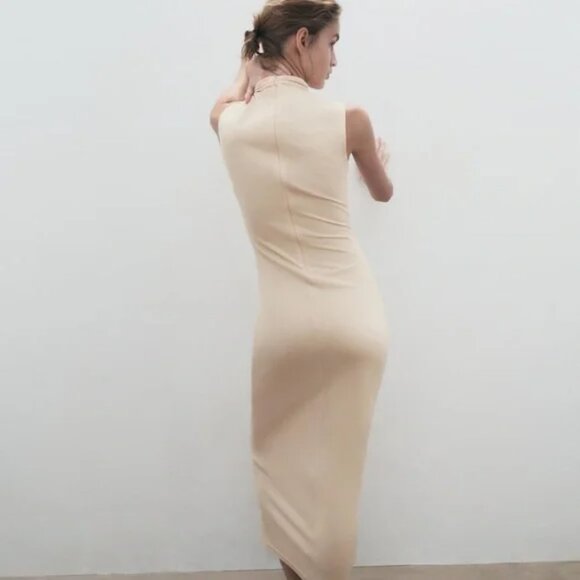 Zara Soft Draped Midi Dress Cream Size Large - Picture 5 of 10